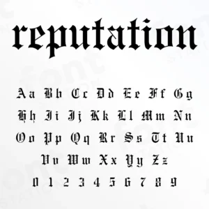 Image showing all characters available in the Reputation font created by FontMaze.