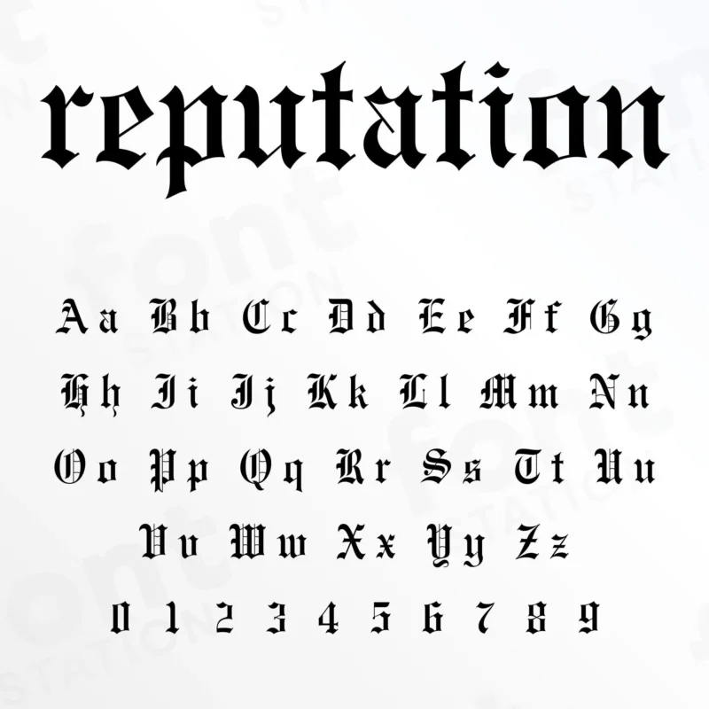 Image showing all characters available in the Reputation font created by FontMaze.