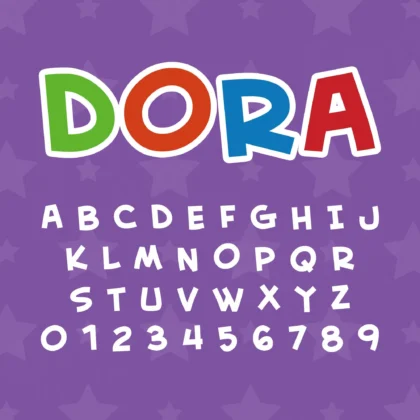 Image showing all characters available in the Dora the Explorer font created by FontMaze.