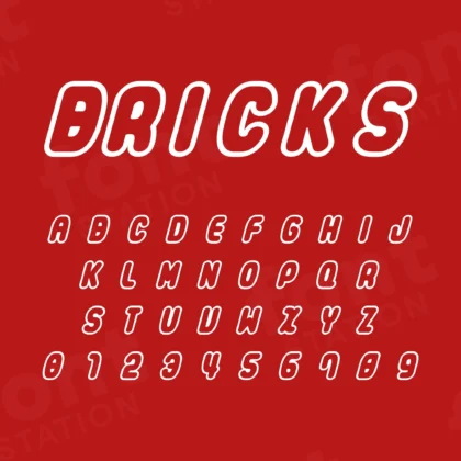 Image showing all characters available in the Lego Bricks font created by FontMaze.