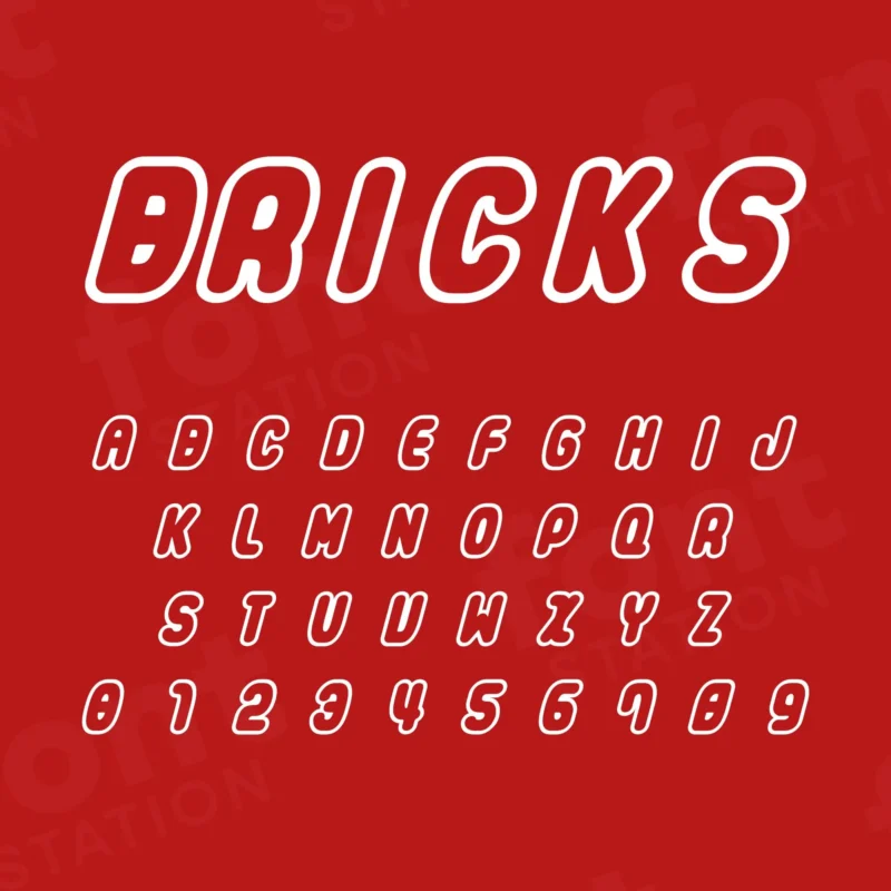 Image showing all characters available in the Lego Bricks font created by FontMaze.