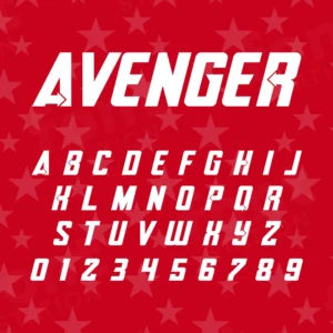 Image showing all characters available in the Avengers Marvel Superhero Movie font created by FontMaze.