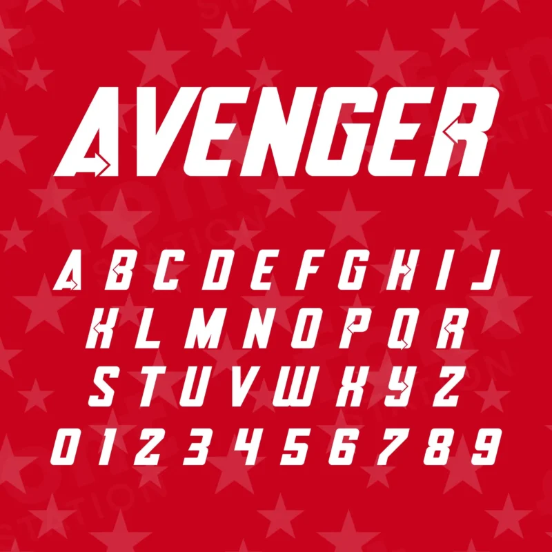 Image showing all characters available in the Avengers Marvel Superhero Movie font created by FontMaze.