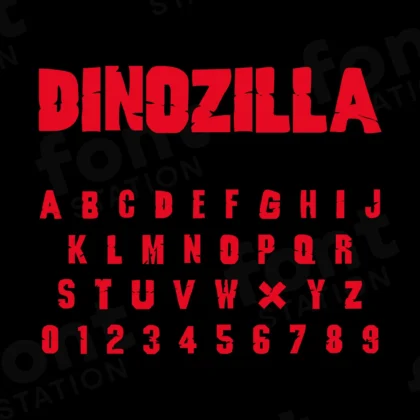 Image showing all characters available in the Godzilla Dinosaur Monster Movie font created by FontMaze.