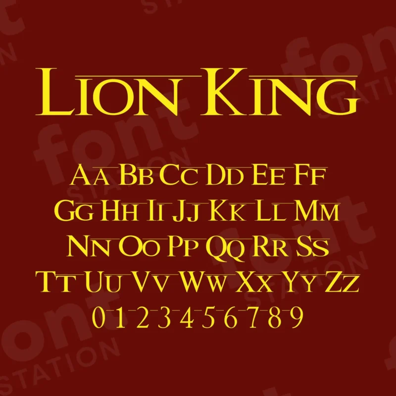 Image showing all characters available in the Lion King font created by FontMaze.