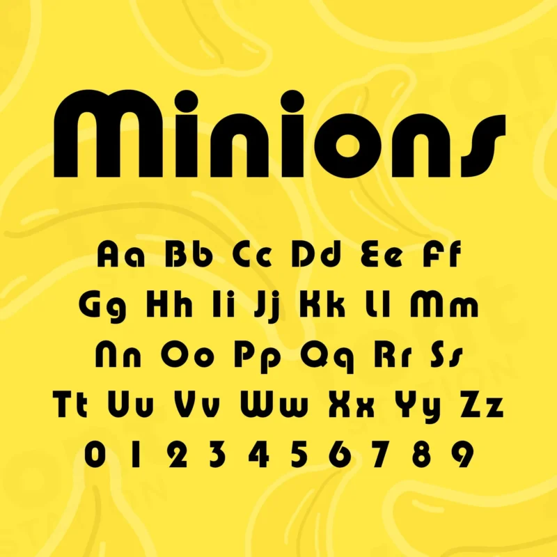 Image showing all characters available in the Minions font created by FontMaze.