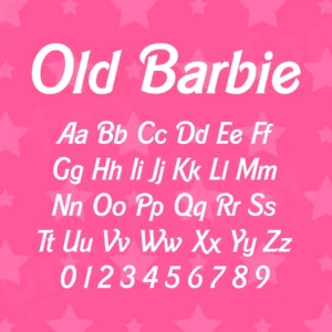 Image showing all characters available in the Old Barbie font created by FontMaze.