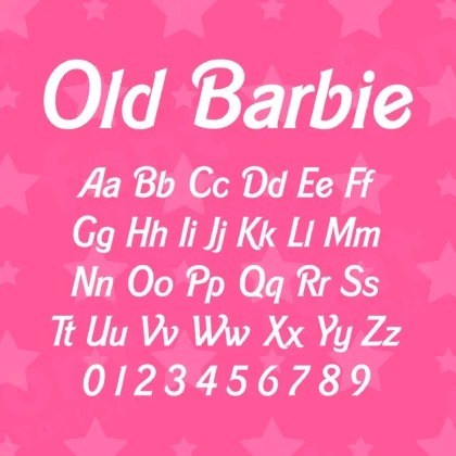 Image showing all characters available in the Old Barbie font created by FontMaze.