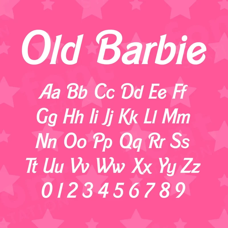 Image showing all characters available in the Old Barbie font created by FontMaze.