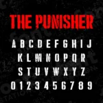 Image showing all characters available in the The Punisher font created by FontMaze.