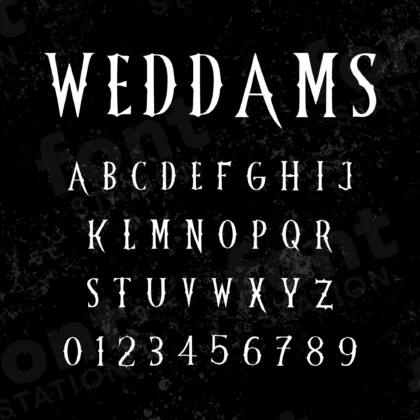 Image showing all characters available in the Wednesday Addams font created by FontMaze.