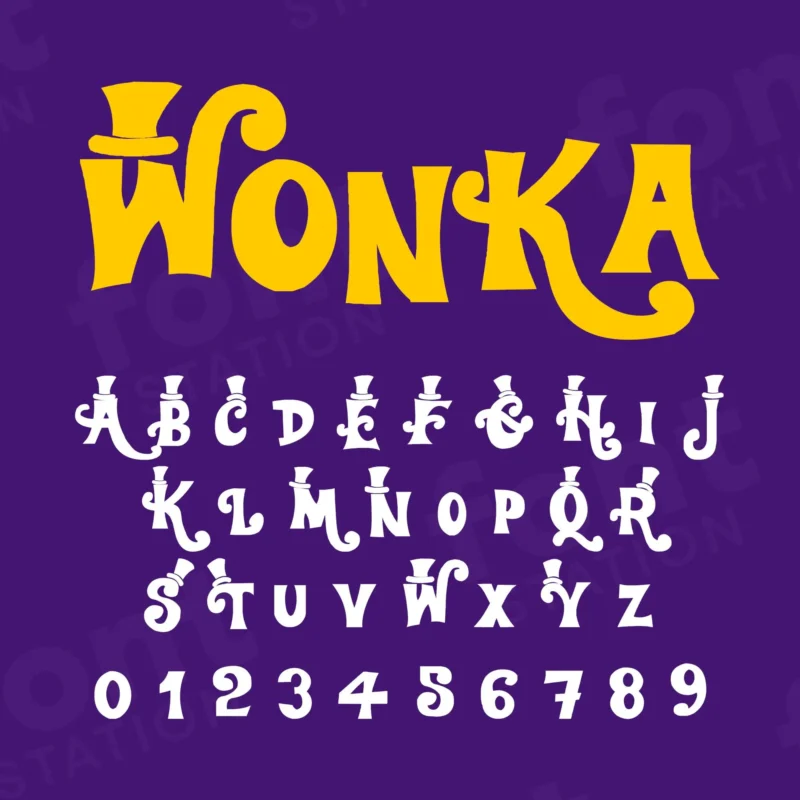 Image showing all characters available in the Willy Wonka font created by FontMaze.