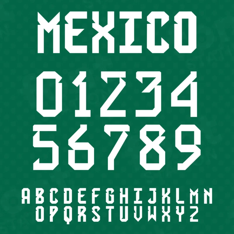 Image showing all characters available in the Mexico Jersey Soccer font created by FontMaze.