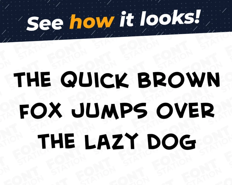 A complete showcase image of the Dora the Explorer font, featuring the text 'The quick brown fox jumps over the lazy dog' to display every letter of the alphabet.