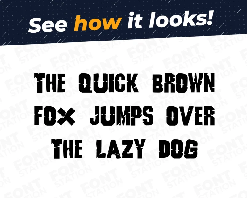 A complete showcase image of the Godzilla Dinosaur Monster Movie font, featuring the text 'The quick brown fox jumps over the lazy dog' to display every letter of the alphabet.