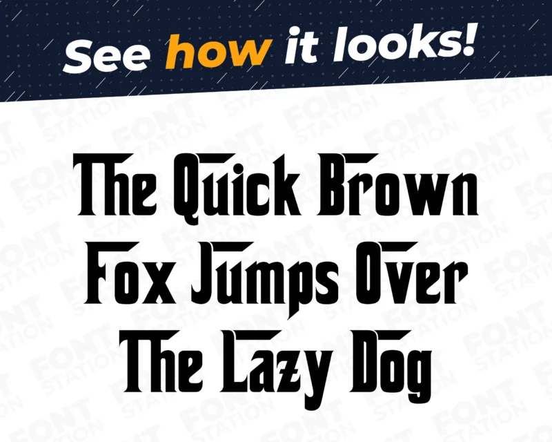 A complete showcase image of the The Godfather font, featuring the text 'The quick brown fox jumps over the lazy dog' to display every letter of the alphabet.