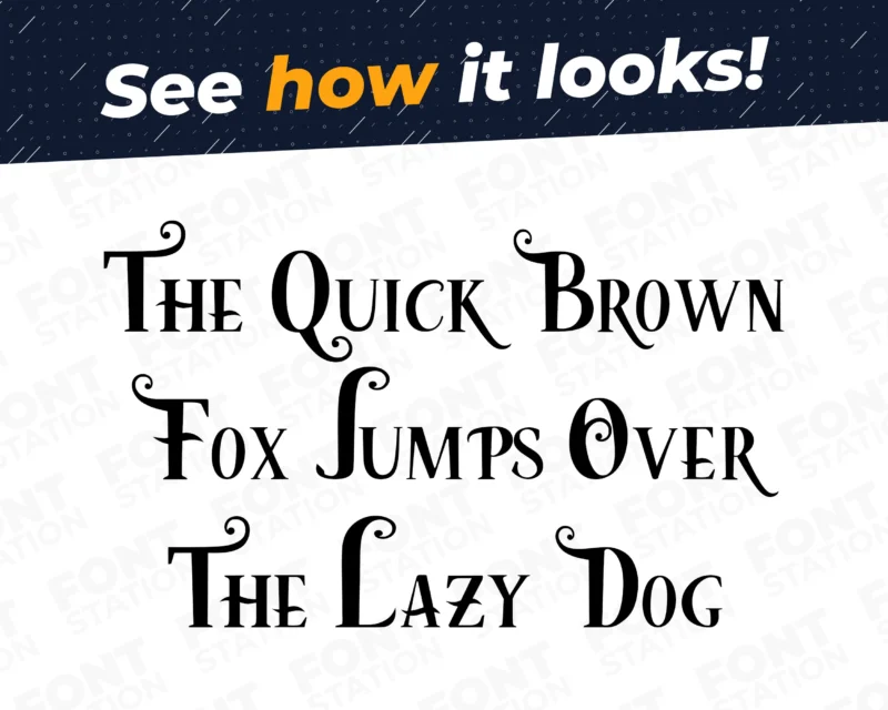 A complete showcase image of the The Little Mermaid font, featuring the text 'The quick brown fox jumps over the lazy dog' to display every letter of the alphabet.
