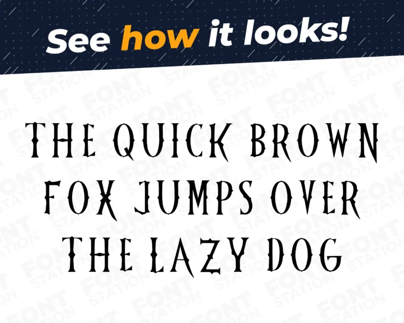 A complete showcase image of the Wednesday Addams font, featuring the text 'The quick brown fox jumps over the lazy dog' to display every letter of the alphabet.