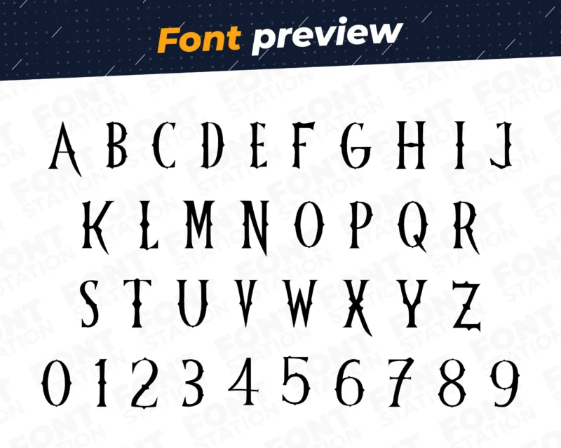 Image showing all characters available in the Wednesday Addams font created by FontMaze.