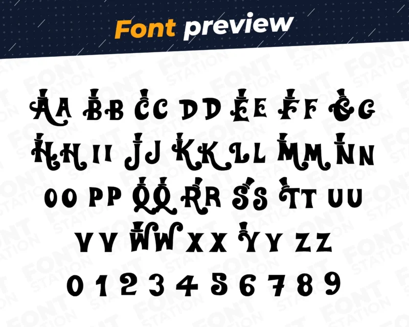 Image showing all characters available in the Willy Wonka font created by FontMaze.