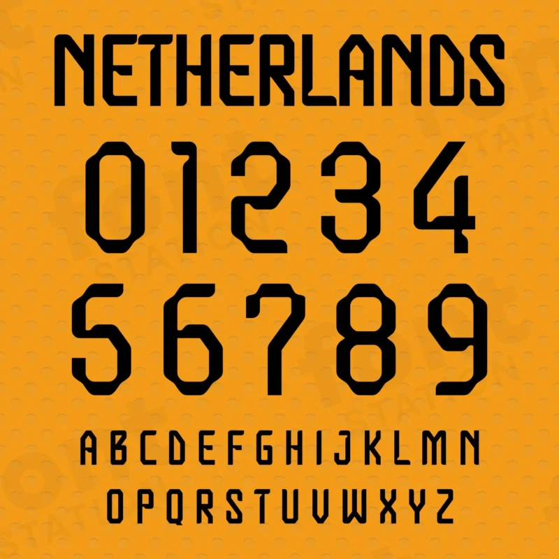 Image showing all characters available in the Netherlands Soccer font Jersey created by FontMaze.