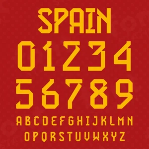 Image showing all characters available in the Spain Jersey Soccer font created by FontMaze.