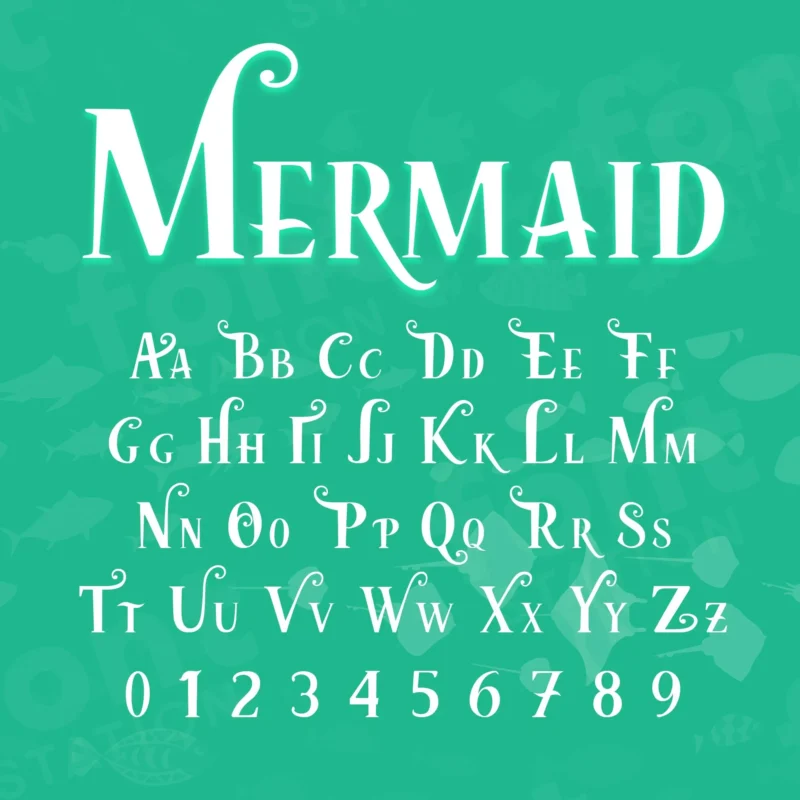 Image showing all characters available in the The Little Mermaid font created by FontMaze.