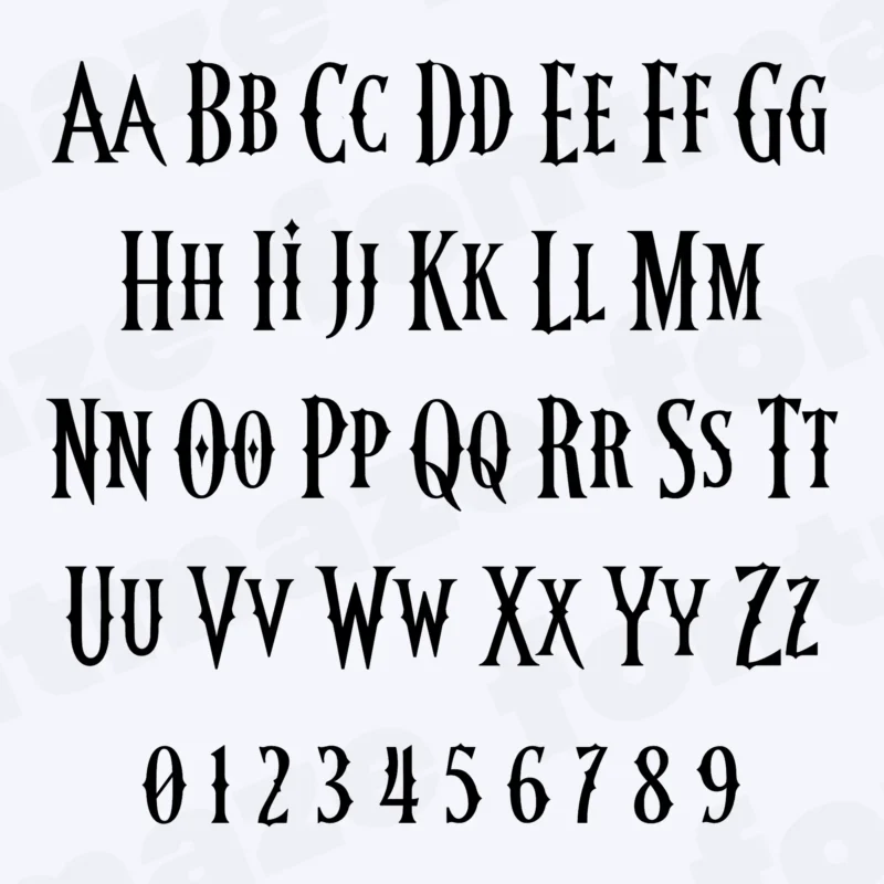 Image showing all characters included in the Wednesday font created by FontMaze.