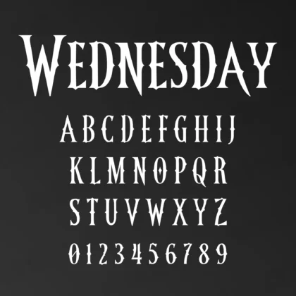 Preview showing all characters of the Wednesday font designed by FontMaze.