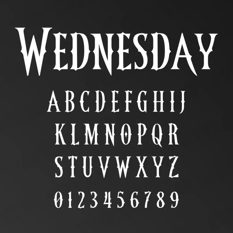 Preview showing all characters of the Wednesday font designed by FontMaze.
