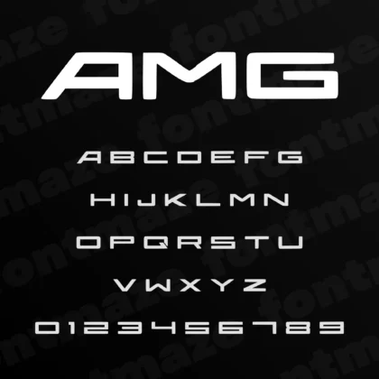 Preview showing all characters of the Amg font designed by FontMaze.