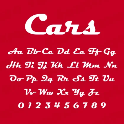 Preview showing all characters of the Cars font designed by FontMaze.