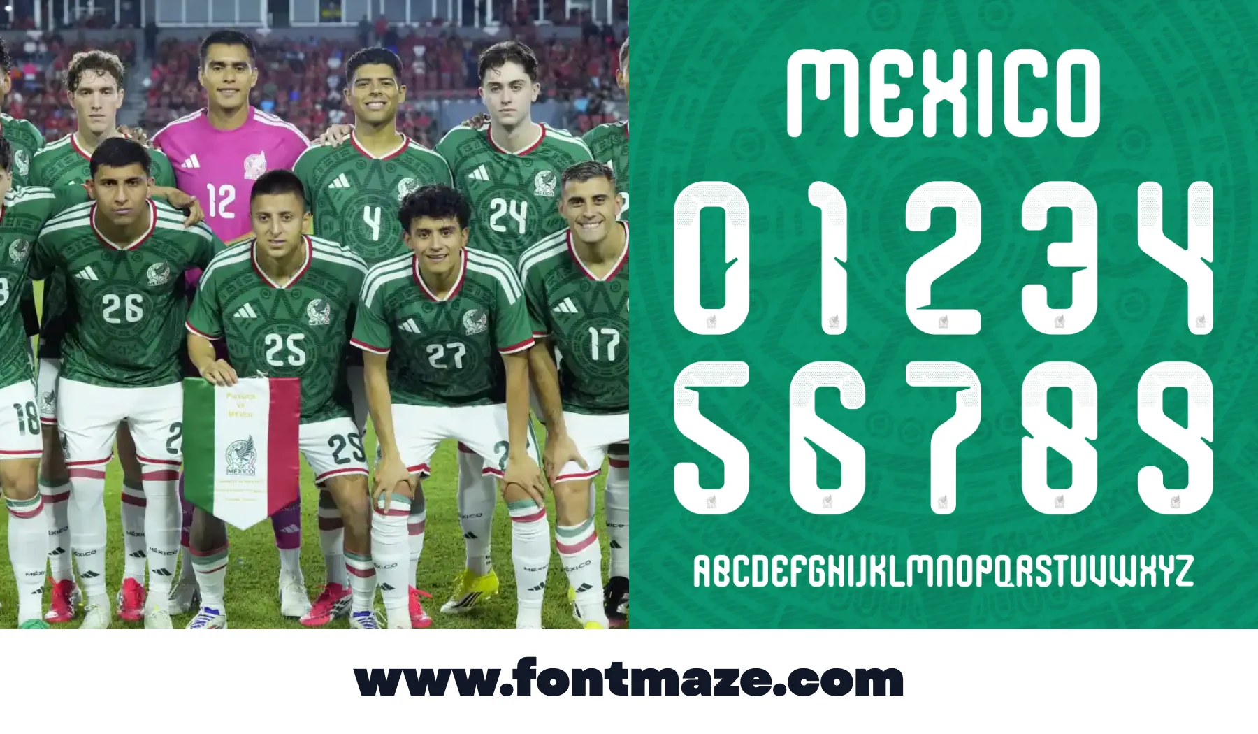 Mexico Football Font - World Cup 2026 8 Mexico Football font World Cup 2026 banner with team-inspired image and FontMaze jersey lettering preview