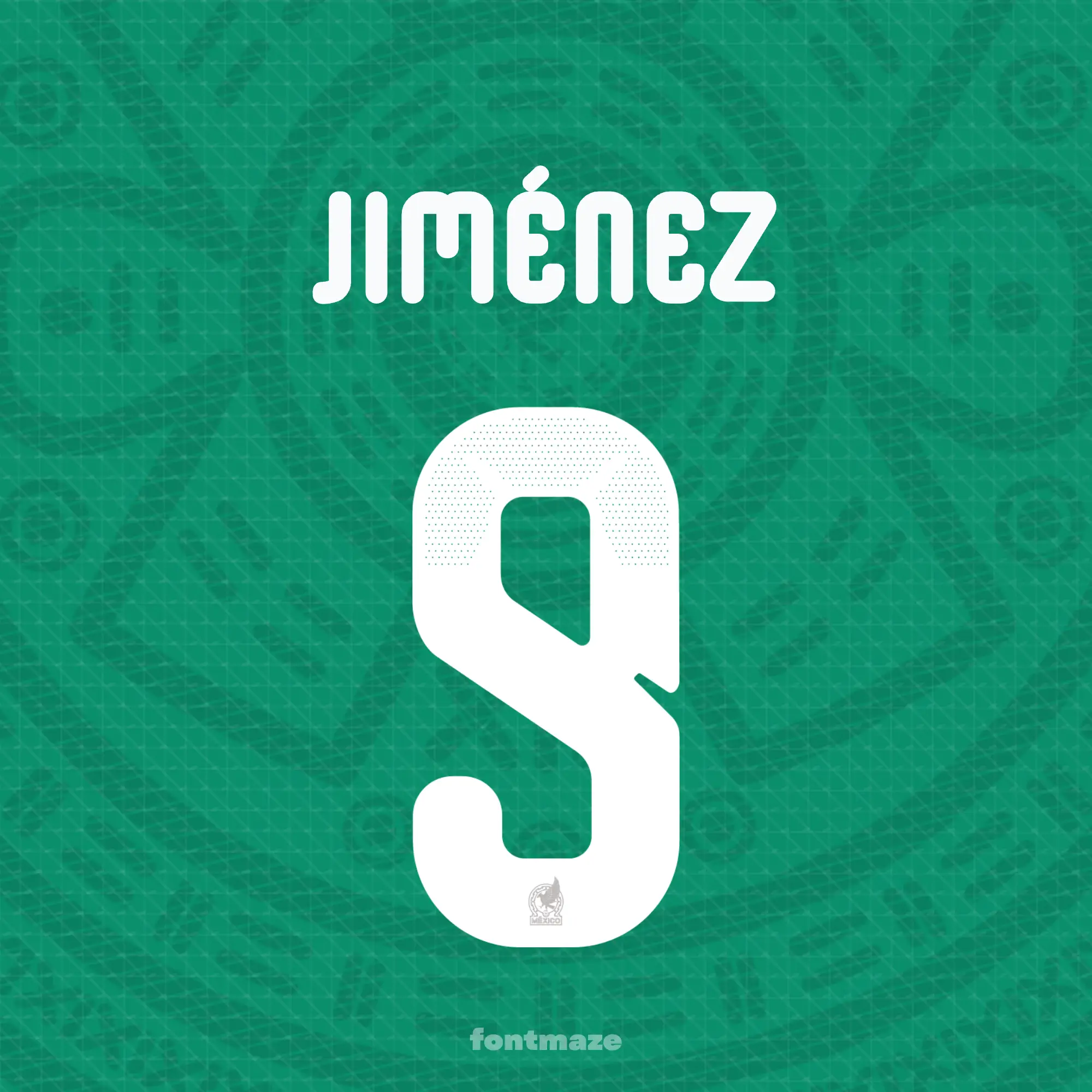 Fuente de fútbol México - Mundial 2026 2 Jiménez 9 football jersey preview using the Mexico Football font with World Cup 2026 style lettering and shirt numbers.