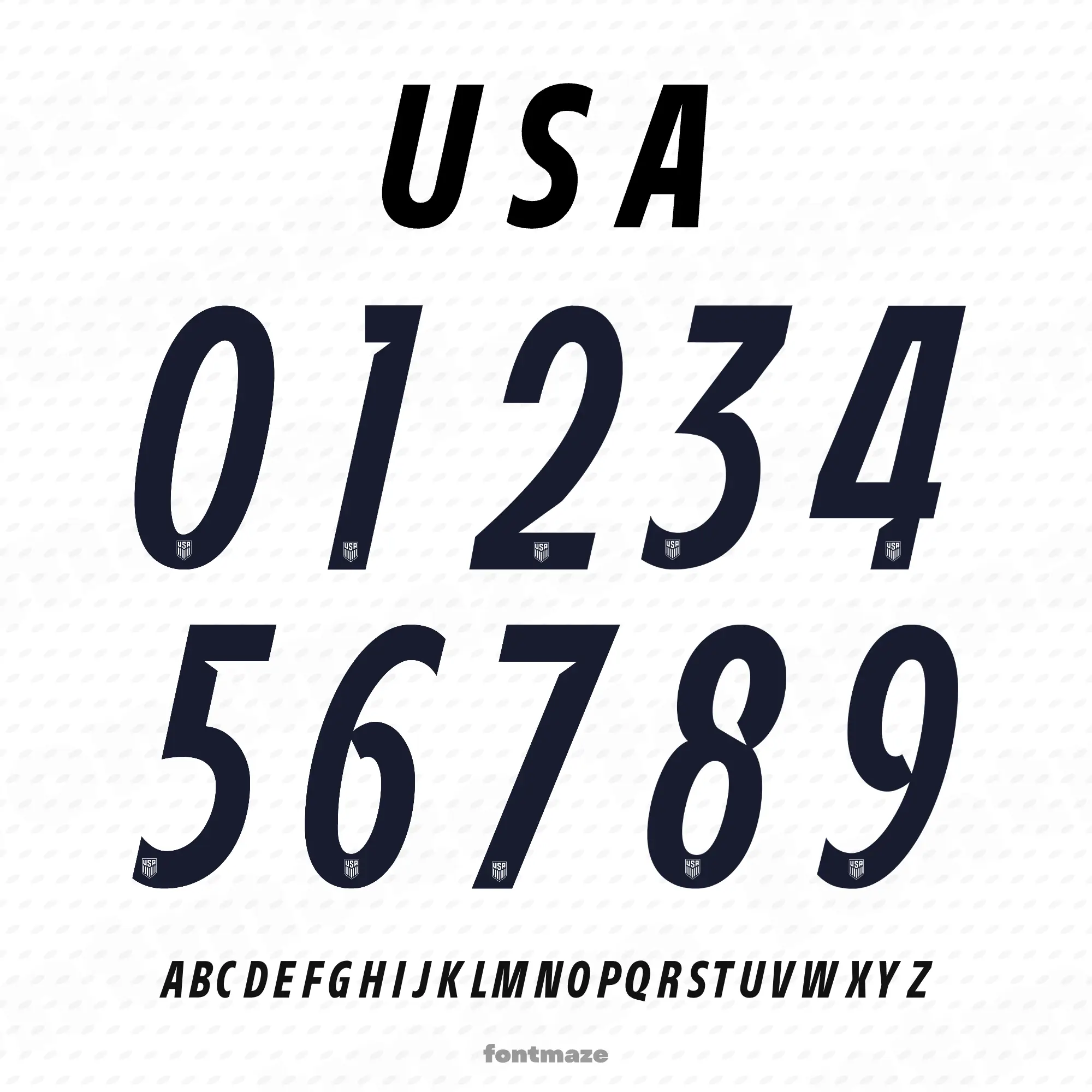 USA Soccer Font - World Cup 2026 Football Font 1 Preview showing all characters of the Usa Soccer font designed by FontMaze.
